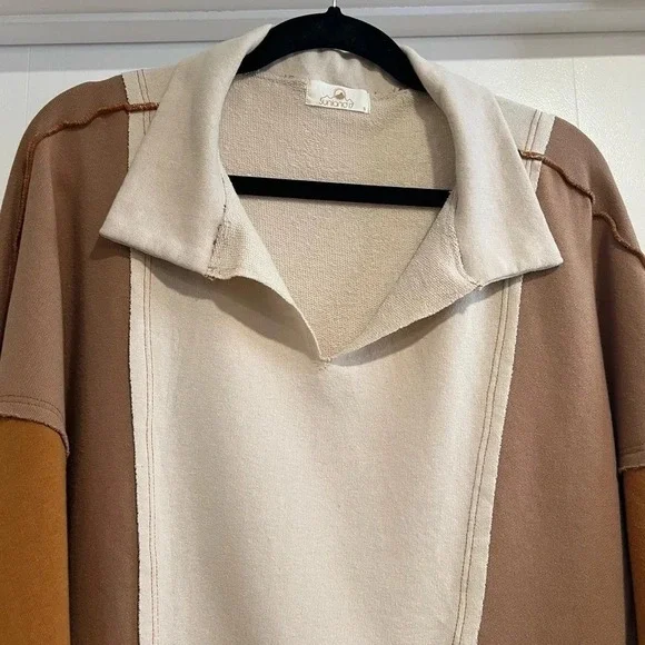 Sunland 17 Oversized Tan Brown Cream Contrast Patchwork Top. Size Small. - Picture 6 of 16